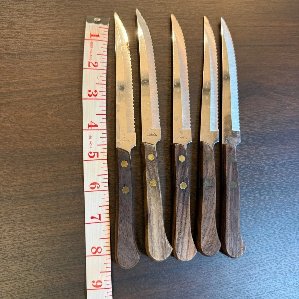 Vintage LC Japan Stainless Steel Serrated Steak Knives Wood Handle Set of 5